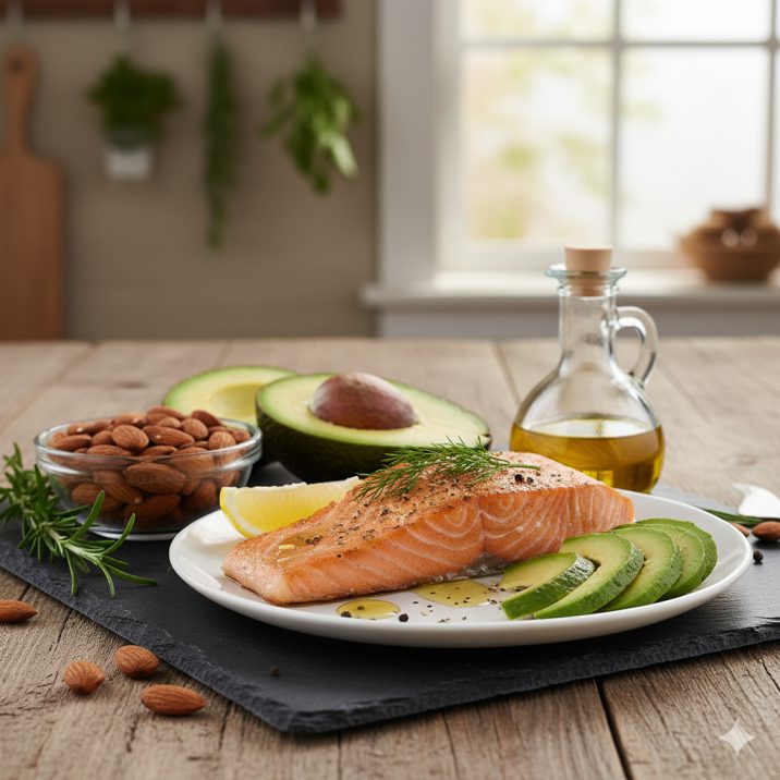 Healthy fats for adult nutrition – avocado, nuts, olive oil, salmon