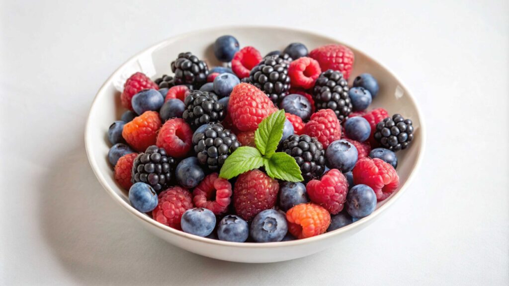 Small bowl of strawberries, blueberries, raspberries, and blackberries for a healthy snack